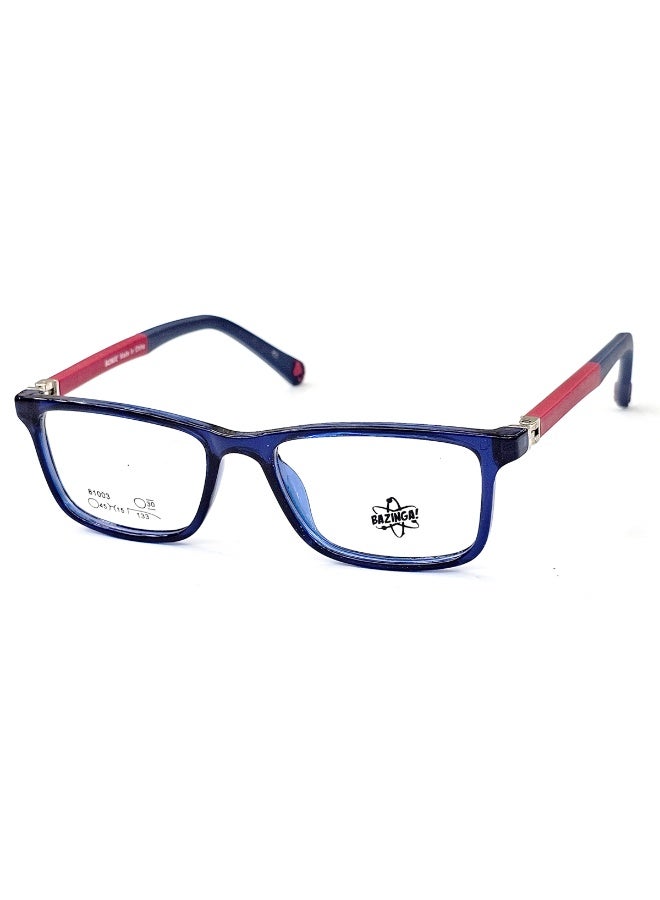 Bazinga kids’ eyeglasses in navy blue, designed to combine style and comfort. The frame is made of ultra-lightweight, flexible TR-90 material, perfect for daily wear. The dual-color temples add a modern stylish touch, giving your child a trendy and playful look suitable for school and activities.