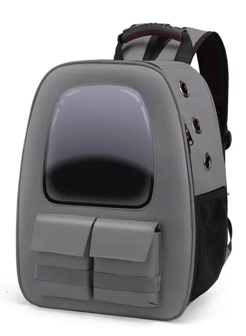 HAPPY PUSS Pet carrier backpack- breathable travel bag with adjustable shoulder straps, sturdy handles, side storage pockets and a padded back panel for small pets, cat and dog carrier. Grey color - Image 3