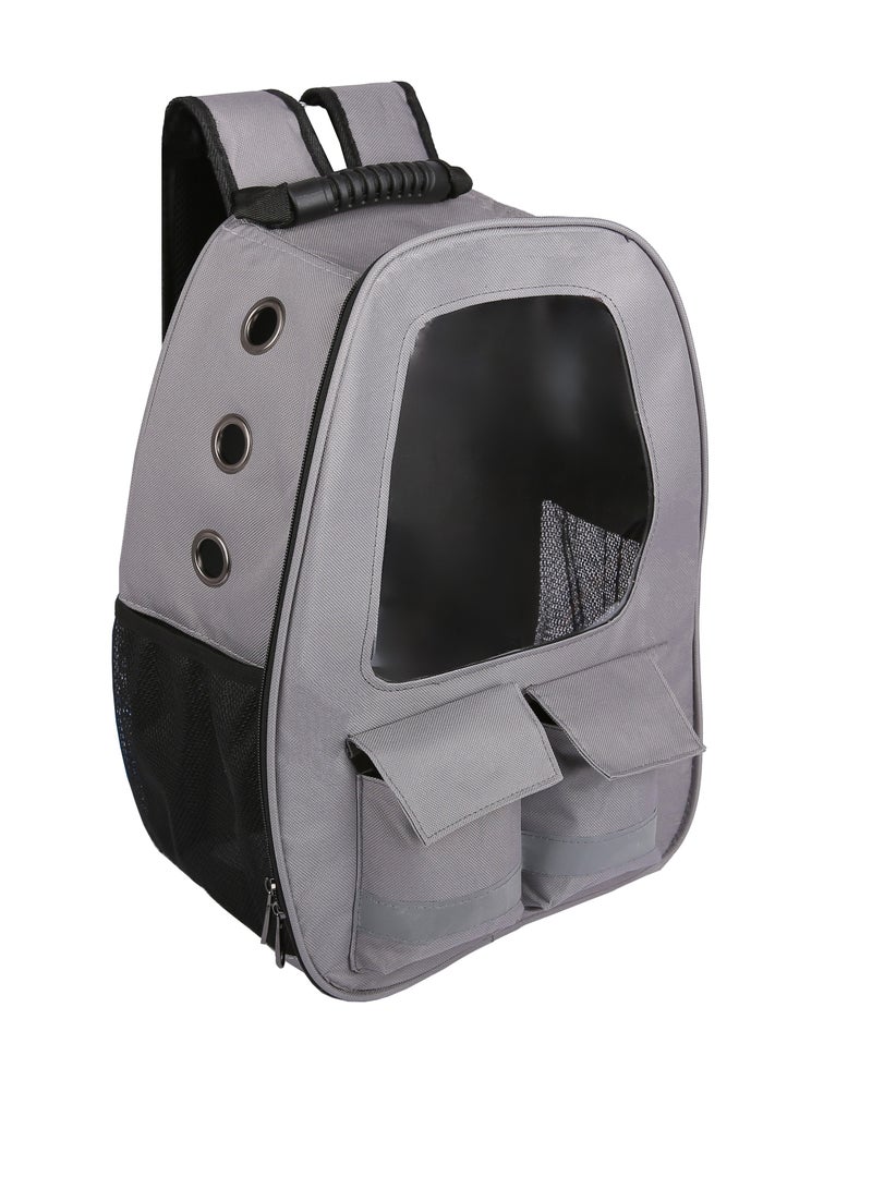 HAPPY PUSS Pet carrier backpack- breathable travel bag with adjustable shoulder straps, sturdy handles, side storage pockets and a padded back panel for small pets, cat and dog carrier. Grey color - Image 2