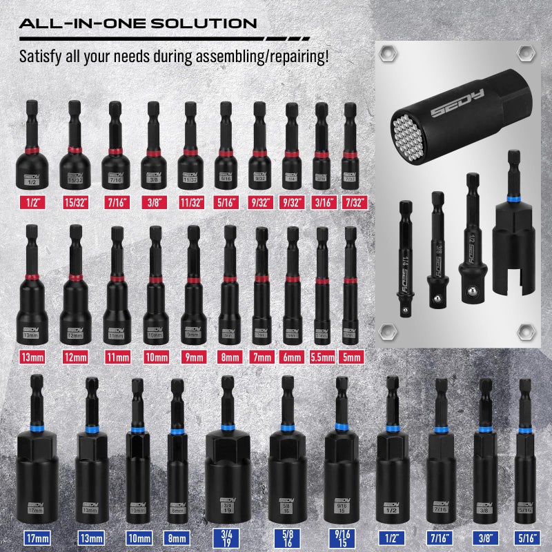 SEDY 80-Piece Premium Magnetic Impact Nut Driver Set Metric & SAE with Socket Adapters, Bit Holder, Wing Nut Driver, Universal Sockets, Quick Release Extension, Power Bits - Image 2