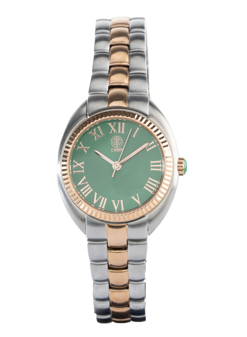 CABA Women's Watch, Elegant Design, Roman Numbers, Green Dial, Stainless Steel Bracelet, Waterproof, Silver&Copper - 3106889L-2 - Image 1