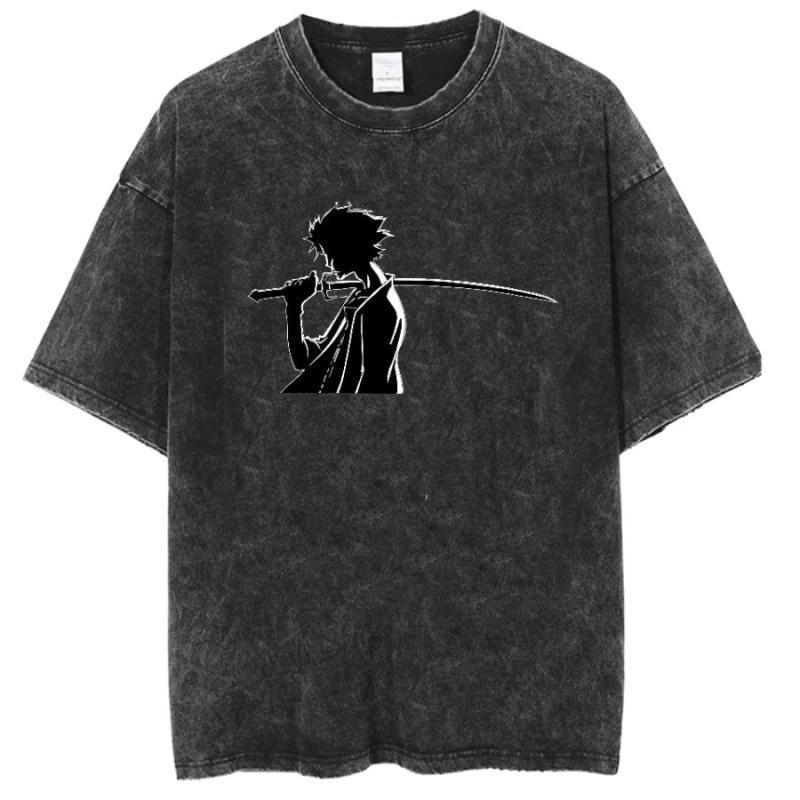 Japanese Anime Samurai Chaos Samurai Champloo Vintage Washed Old Short-Sleeved Cotton T-Shirt For Men And Women - Image 1