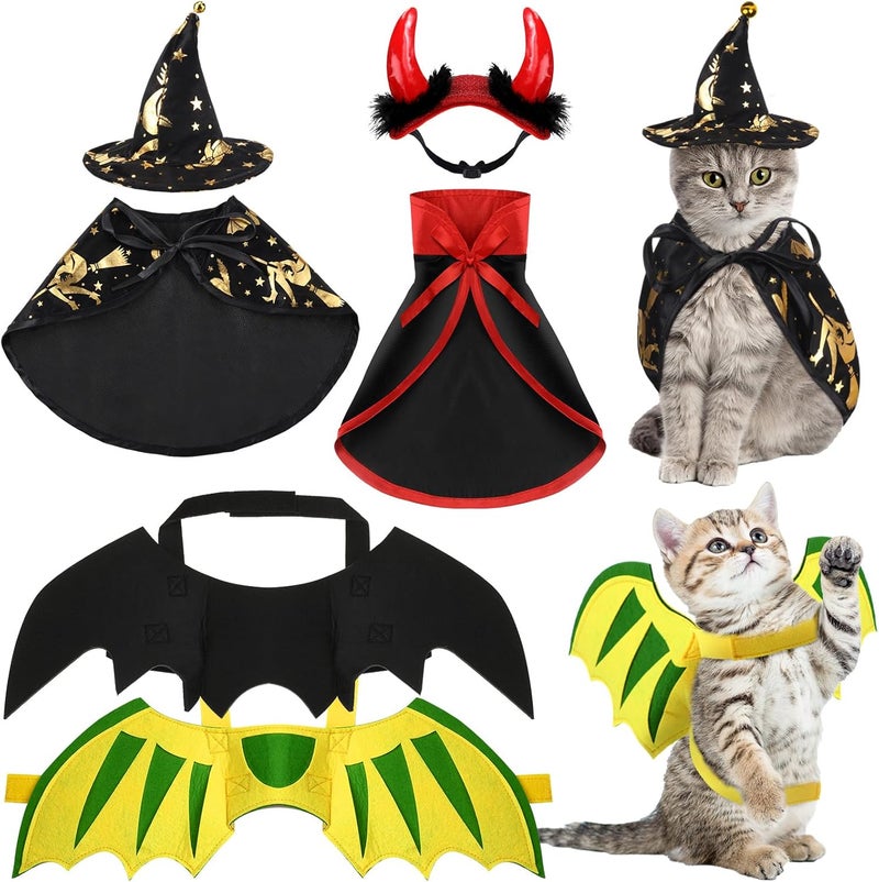 Reginary 6 Pieces Halloween Cat Pet Costume Dogs Kitten Outfits Witch Devil Vampire Bat Cloak Wings Dragon Wing Devil Hat Clothes Kitten Small Puppy Outfit for Halloween Party Pet Cosplay Witch - Image 1