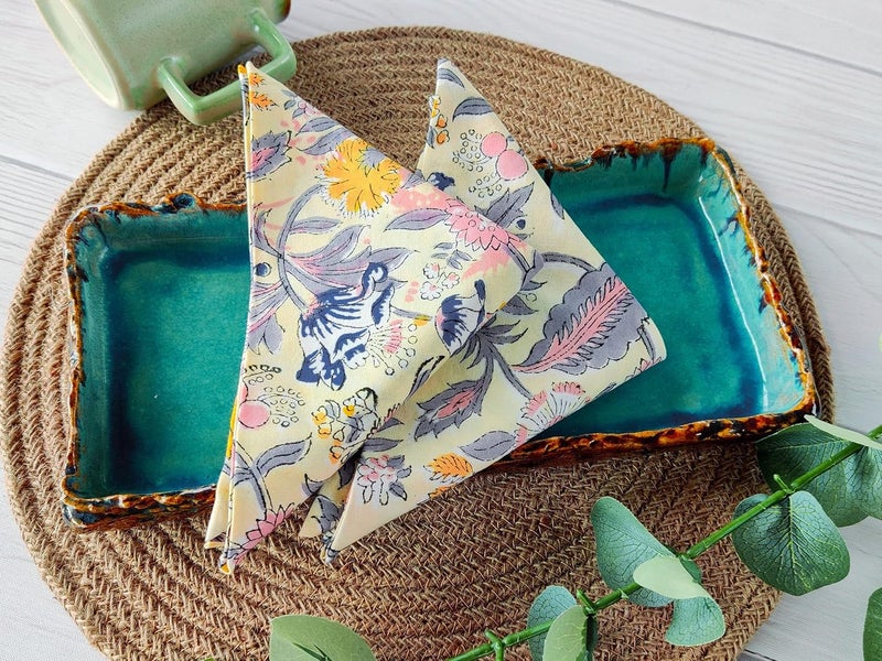 AVKA Studio Cotton Print Dinner Napkins 18x18 inches  Washable Cloth Napkins Set of 12  Everyday Use or Dinner Party and Events  Light Yellow Indian Block Printed Fabric - Image 3