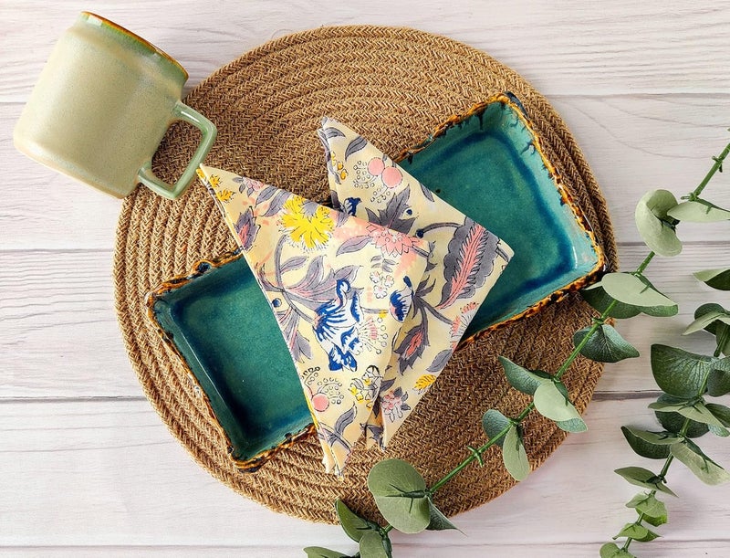 AVKA Studio Cotton Print Dinner Napkins 18x18 inches  Washable Cloth Napkins Set of 12  Everyday Use or Dinner Party and Events  Light Yellow Indian Block Printed Fabric - Image 2