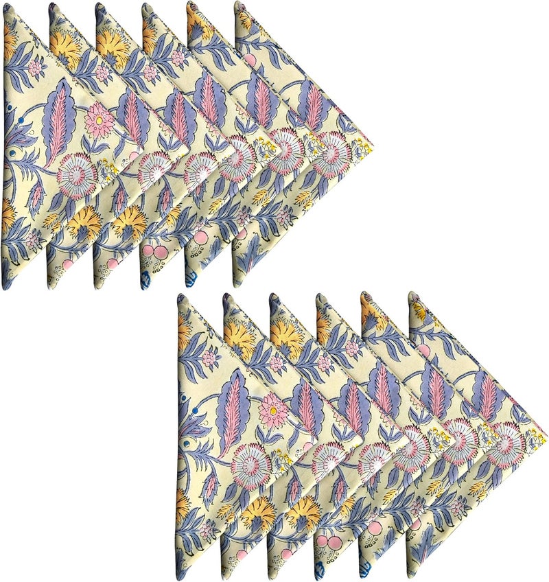 AVKA Studio Cotton Print Dinner Napkins 18x18 inches  Washable Cloth Napkins Set of 12  Everyday Use or Dinner Party and Events  Light Yellow Indian Block Printed Fabric - Image 1