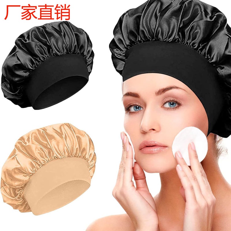 Amazons Best-selling Wide-brimmed High-elastic Headscarf Confinement Shower Cap Beauty Salon Hair Care Hat Womens Satin Nightcap Black - Image 2