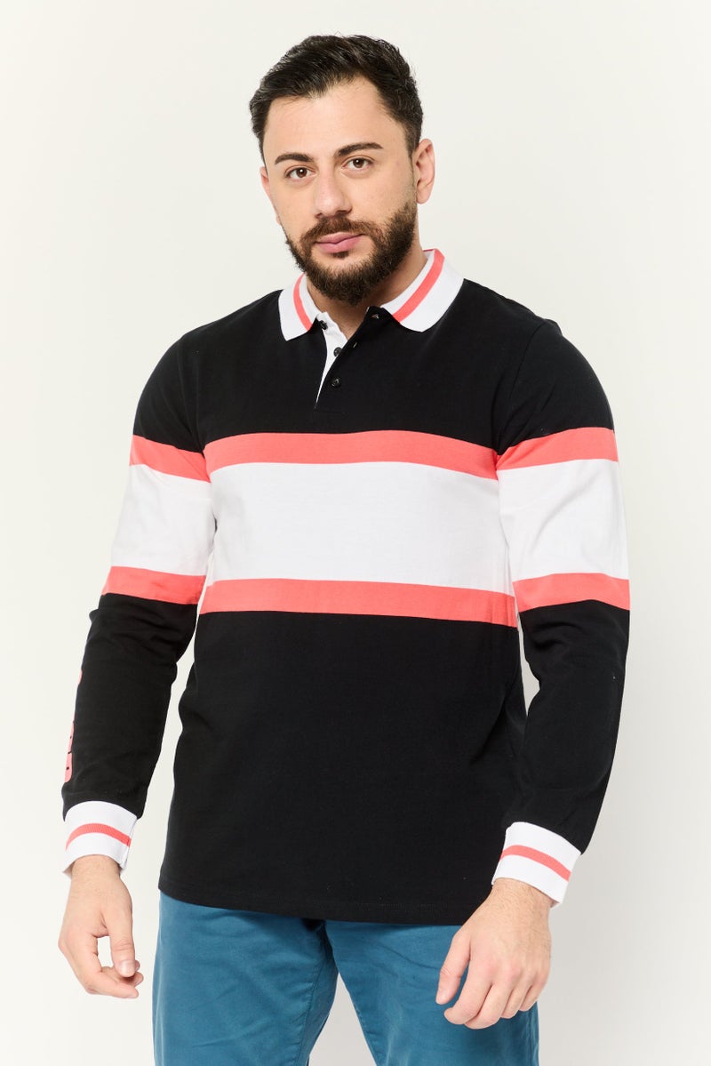 Prince Men Regular Fit Colorblock Long Sleeves Polo Shirt, Black - Image 1