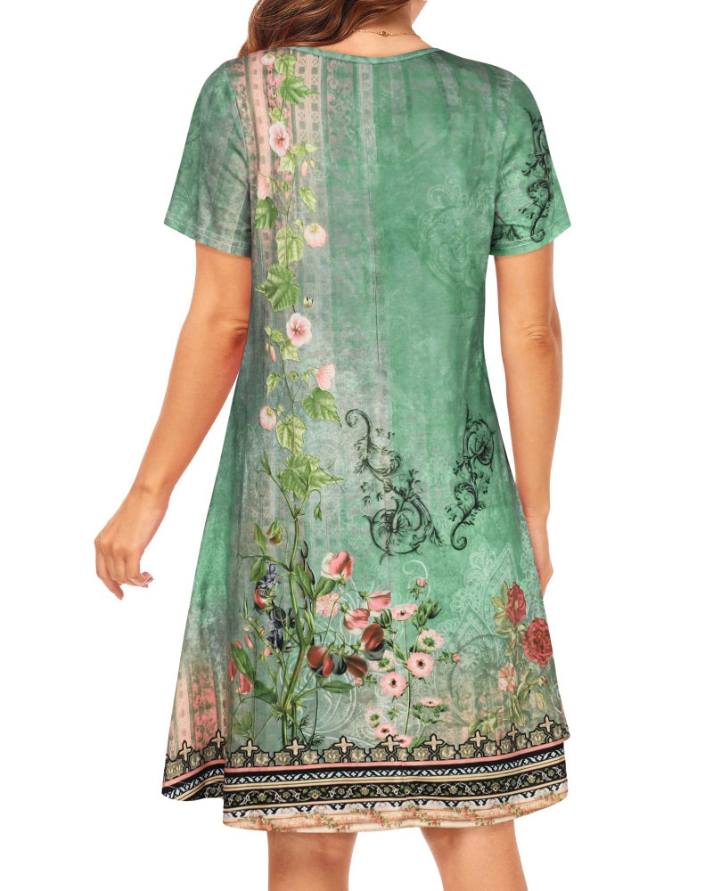 elescat Sundresses for Women Casual Summer Short Sleeve Flowy Tshirt Loose Cotton Tunic Dress with Pockets(Green Flowers, L) - Image 4