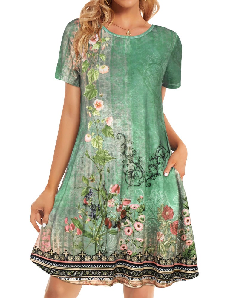 elescat Sundresses for Women Casual Summer Short Sleeve Flowy Tshirt Loose Cotton Tunic Dress with Pockets(Green Flowers, L) - Image 1