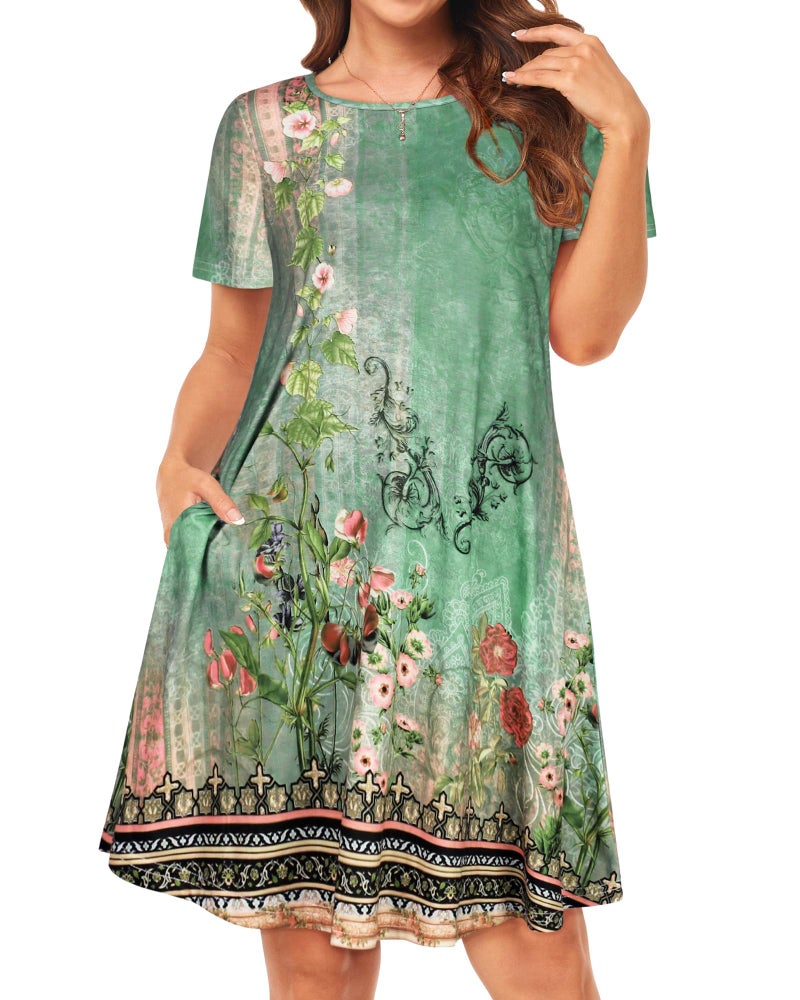 elescat Sundresses for Women Casual Summer Short Sleeve Flowy Tshirt Loose Cotton Tunic Dress with Pockets(Green Flowers, L) - Image 2