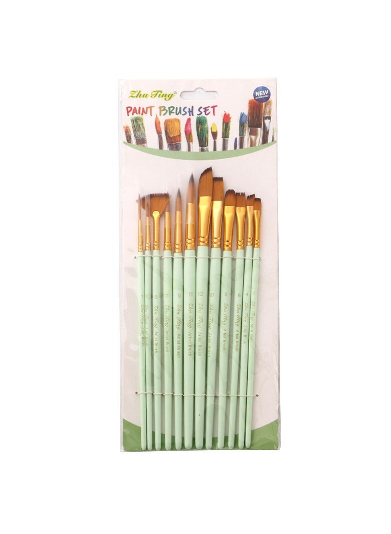 12-Piece Wooden Paint Brush Set Matte Green - Image 1
