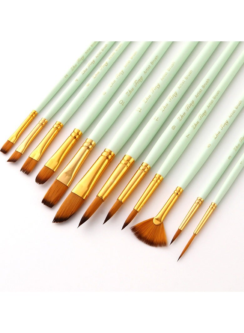 12-Piece Wooden Paint Brush Set Matte Green - Image 2