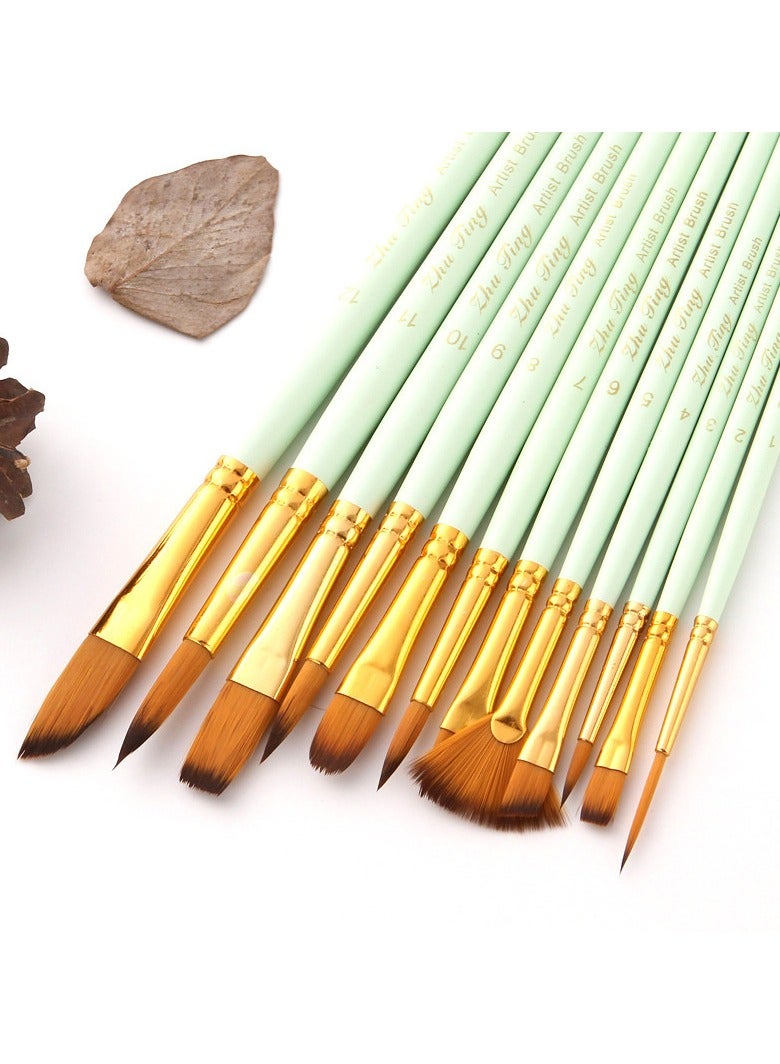 12-Piece Wooden Paint Brush Set Matte Green - Image 3