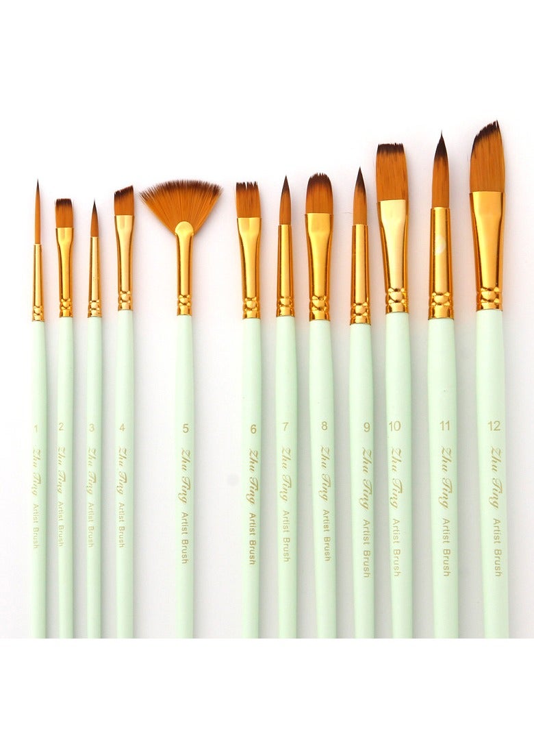 12-Piece Wooden Paint Brush Set Matte Green - Image 4