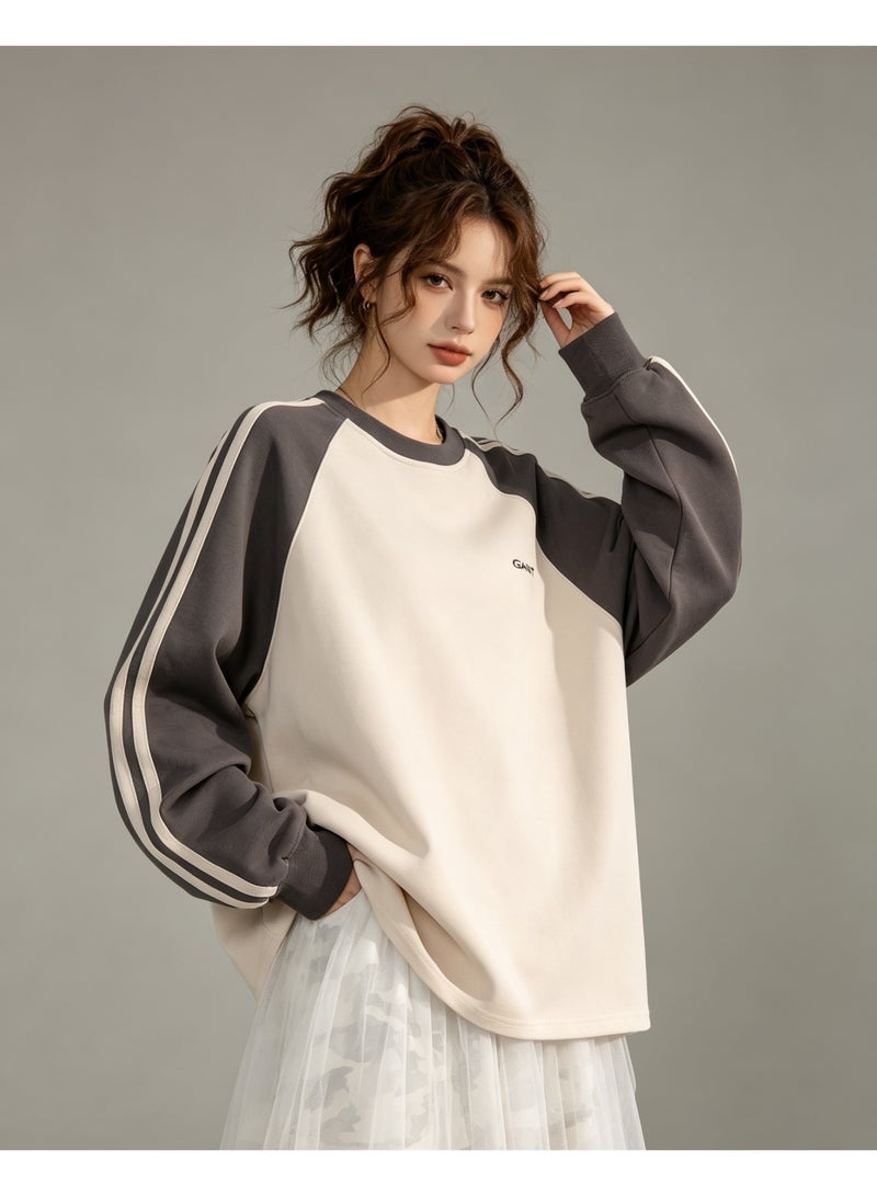 GANT Side‑Stripe Raglan Crew Neck Sweatshirt Men’s And Women’s Minimal Couple Daily Casual Top Off White Dark Grey - Image 4