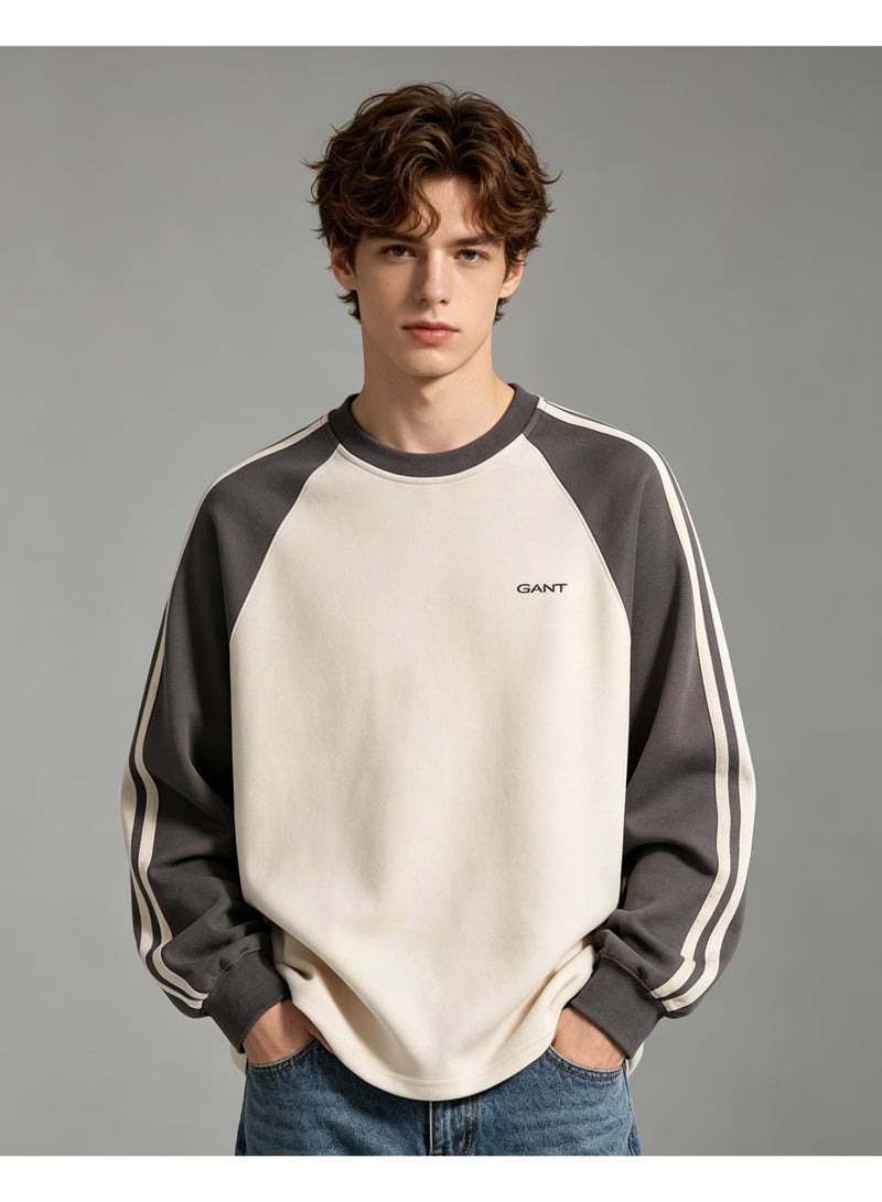 GANT Side‑Stripe Raglan Crew Neck Sweatshirt Men’s And Women’s Minimal Couple Daily Casual Top Off White Dark Grey - Image 5