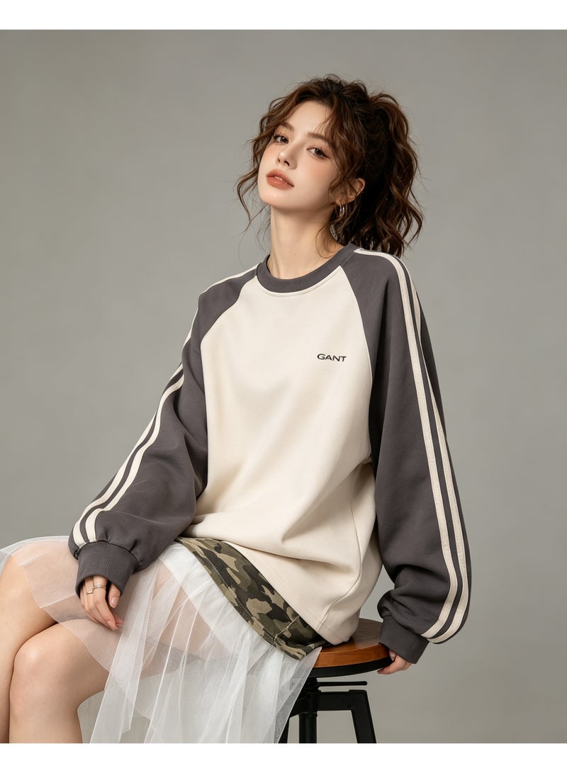 GANT Side‑Stripe Raglan Crew Neck Sweatshirt Men’s And Women’s Minimal Couple Daily Casual Top Off White Dark Grey - Image 3