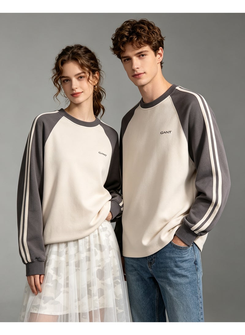 GANT Side‑Stripe Raglan Crew Neck Sweatshirt Men’s And Women’s Minimal Couple Daily Casual Top Off White Dark Grey - Image 1