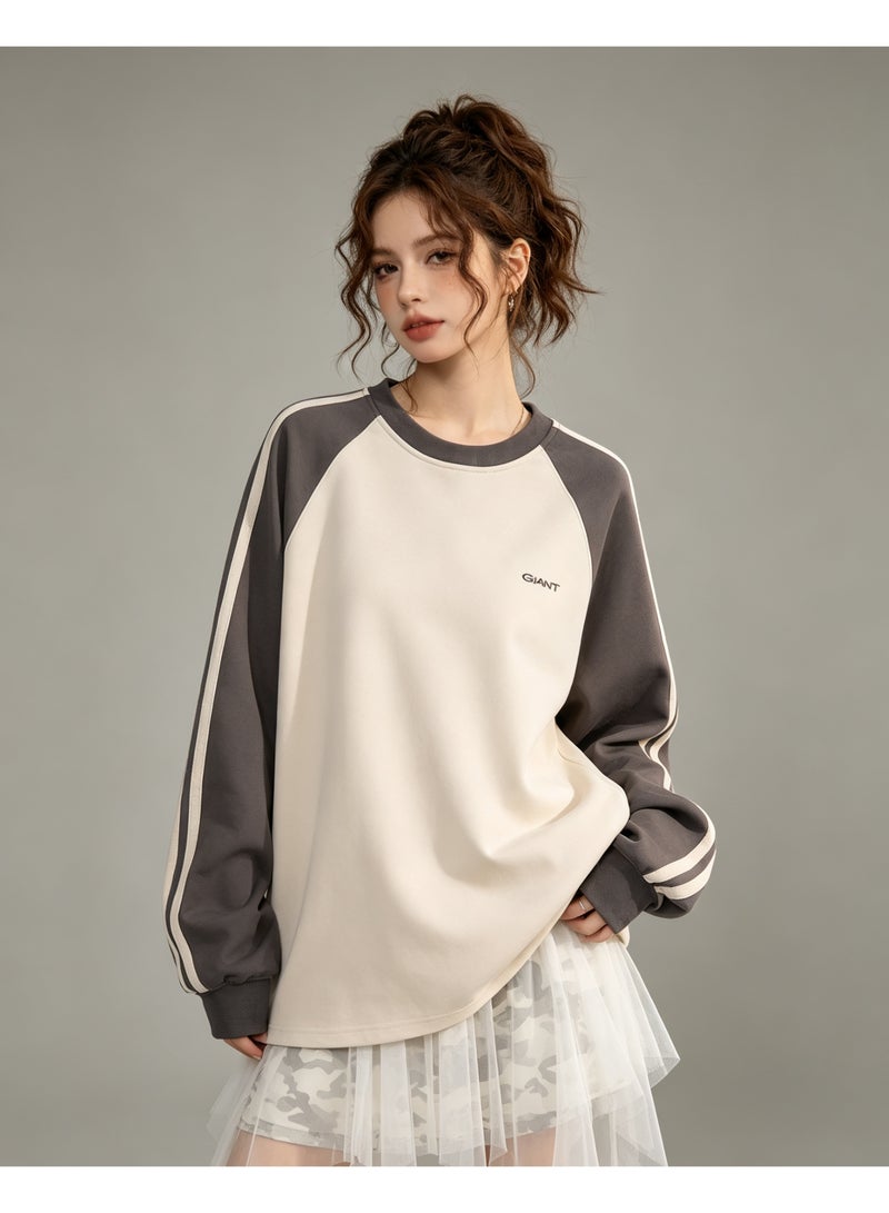 GANT Side‑Stripe Raglan Crew Neck Sweatshirt Men’s And Women’s Minimal Couple Daily Casual Top Off White Dark Grey - Image 2