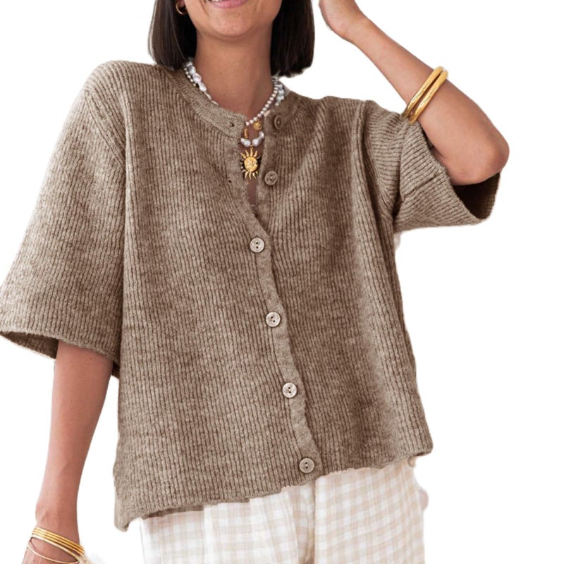 KMBANGI Women Y2K Cardigan Sweater Short Sleeve Button Down Ribbed Knit Crop Top Fall Winter Going Out Sweater (Dark Khaki, XL) - Image 1