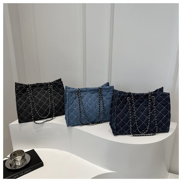 Denim Diamond Plaid Bag Women'S Arrival Fashionable Korean Style Fashionable Shoulder Crossbody Bag Ins Vintage Tote Bag - Image 2