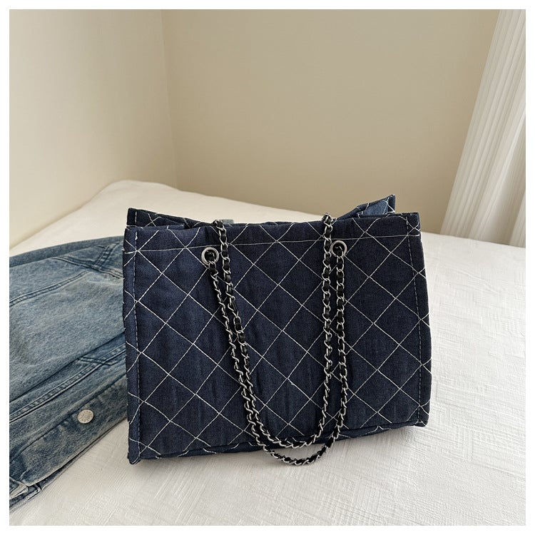Denim Diamond Plaid Bag Women'S Arrival Fashionable Korean Style Fashionable Shoulder Crossbody Bag Ins Vintage Tote Bag - Image 1