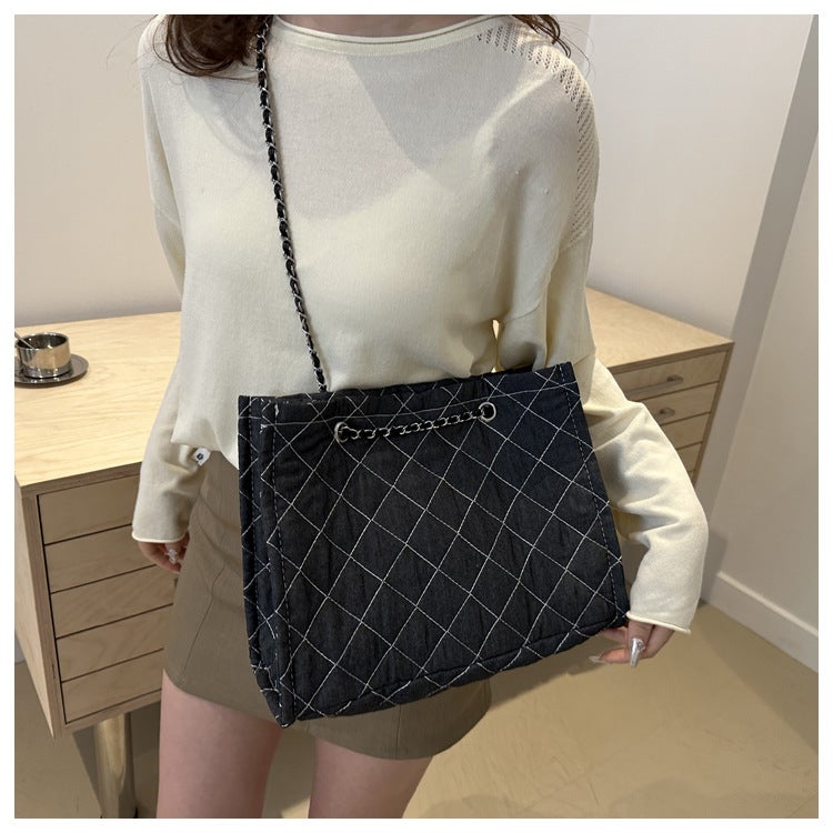 Denim Diamond Plaid Bag Women'S Arrival Fashionable Korean Style Fashionable Shoulder Crossbody Bag Ins Vintage Tote Bag - Image 5