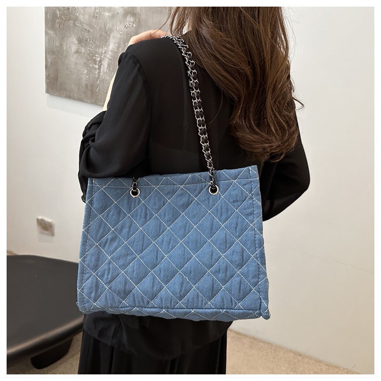 Denim Diamond Plaid Bag Women'S Arrival Fashionable Korean Style Fashionable Shoulder Crossbody Bag Ins Vintage Tote Bag - Image 4