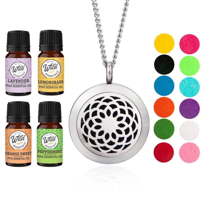 mEssentials Wild Essentials Sunflower Necklace Essential Oil Diffuser Kit with Lavender, Lemongrass, Peppermint, Orange Oils, 12 Refill Pads, Calming Aromatherapy Gift Set, Customizable Color Changing, Perfume - Image 3