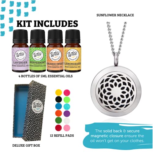 mEssentials Wild Essentials Sunflower Necklace Essential Oil Diffuser Kit with Lavender, Lemongrass, Peppermint, Orange Oils, 12 Refill Pads, Calming Aromatherapy Gift Set, Customizable Color Changing, Perfume - Image 2