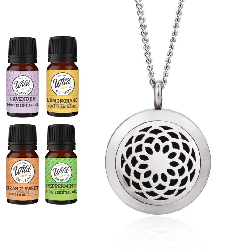 mEssentials Wild Essentials Sunflower Necklace Essential Oil Diffuser Kit with Lavender, Lemongrass, Peppermint, Orange Oils, 12 Refill Pads, Calming Aromatherapy Gift Set, Customizable Color Changing, Perfume - Image 1