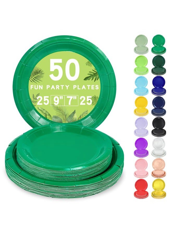 LANLISA 50 Pcs Green Paper Plates Disposable, 25-9" & 25-7" Disposable Birthday Cake Dessert Plates For St Patricks Day, Christmas Holiday Party Supplies - Image 1