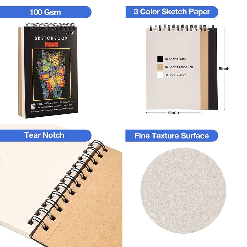 Prina 76 Pack Drawing Set Sketching Kit, Pro Art Supplies with 3-Color Sketchbook, Include Tutorial, Colored, Graphite, Charcoal, Watercolor & Metallic Pencil, for Artists Adults Teens Beginner - Image 5