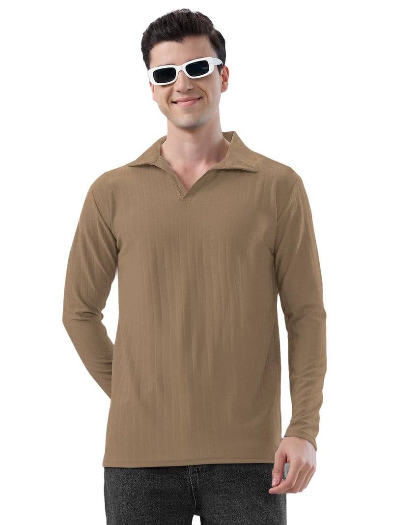 KAJARU Men's Ribbed Knit Polo T-Shirt, Long Sleeve (in, Alpha, 2XL, CHIKU) - Image 1