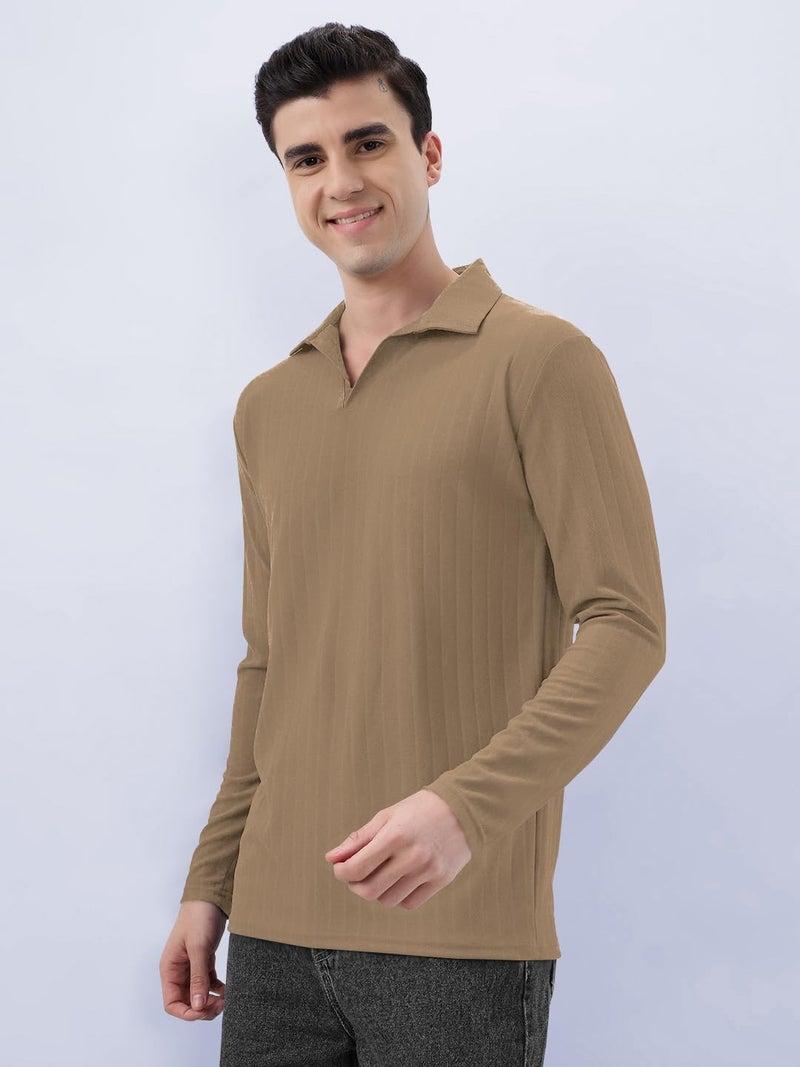 KAJARU Men's Ribbed Knit Polo T-Shirt, Long Sleeve (in, Alpha, 2XL, CHIKU) - Image 5