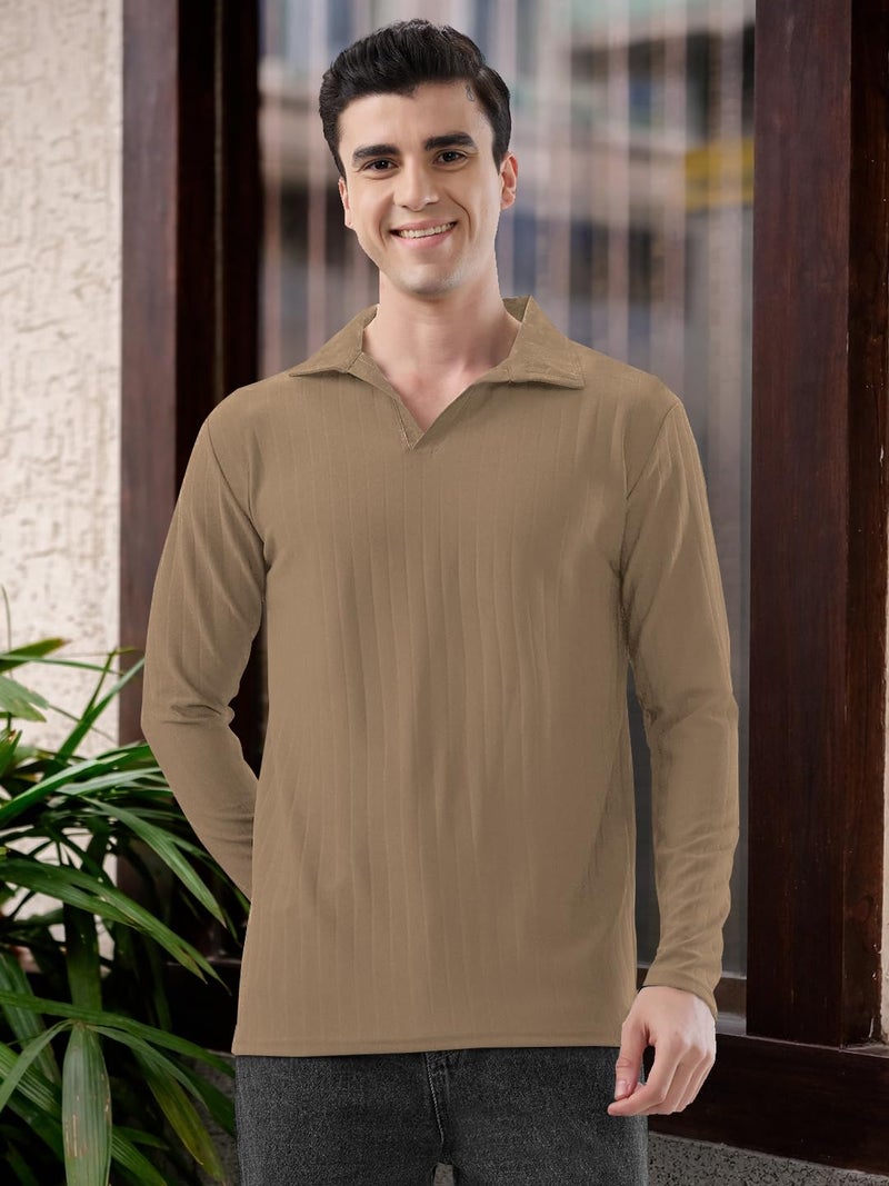 KAJARU Men's Ribbed Knit Polo T-Shirt, Long Sleeve (in, Alpha, 2XL, CHIKU) - Image 3