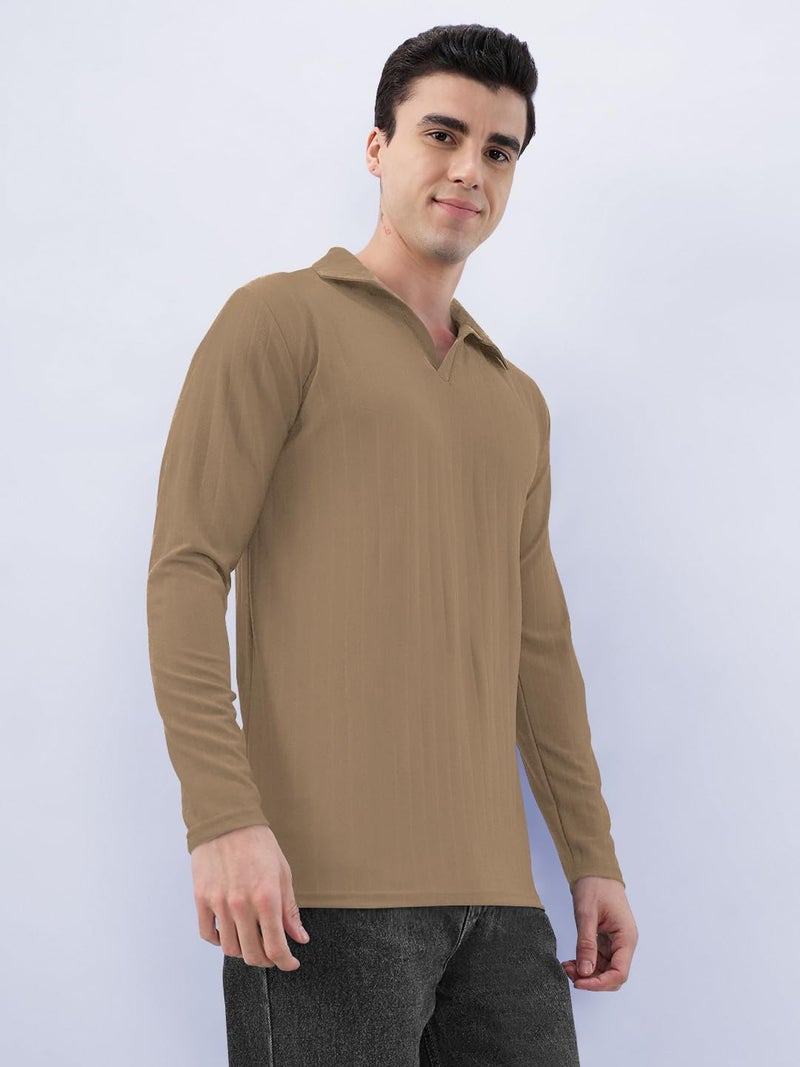KAJARU Men's Ribbed Knit Polo T-Shirt, Long Sleeve (in, Alpha, 2XL, CHIKU) - Image 4