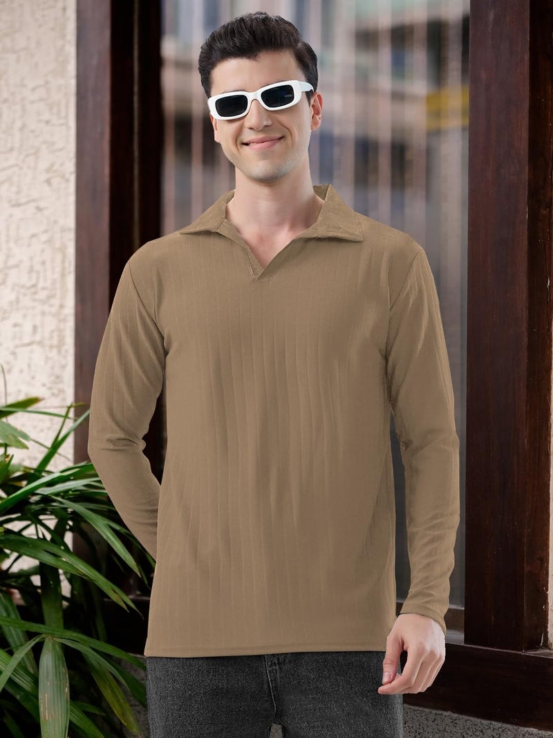 KAJARU Men's Ribbed Knit Polo T-Shirt, Long Sleeve (in, Alpha, 2XL, CHIKU) - Image 2