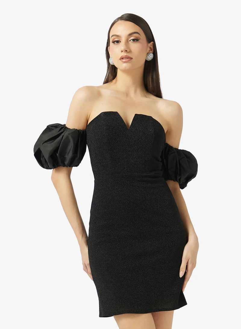 رينيه فستان قصير ضيق بأكمام منفوشة مكشوف الأكتاف