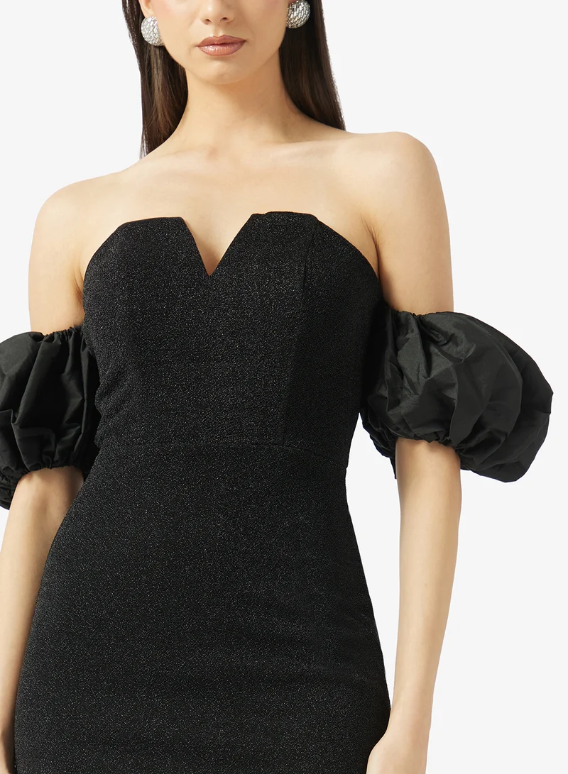 Rene  Off-Shoulder Puff Sleeve Bodycon Mini Dress for Women | Best Price UAE
