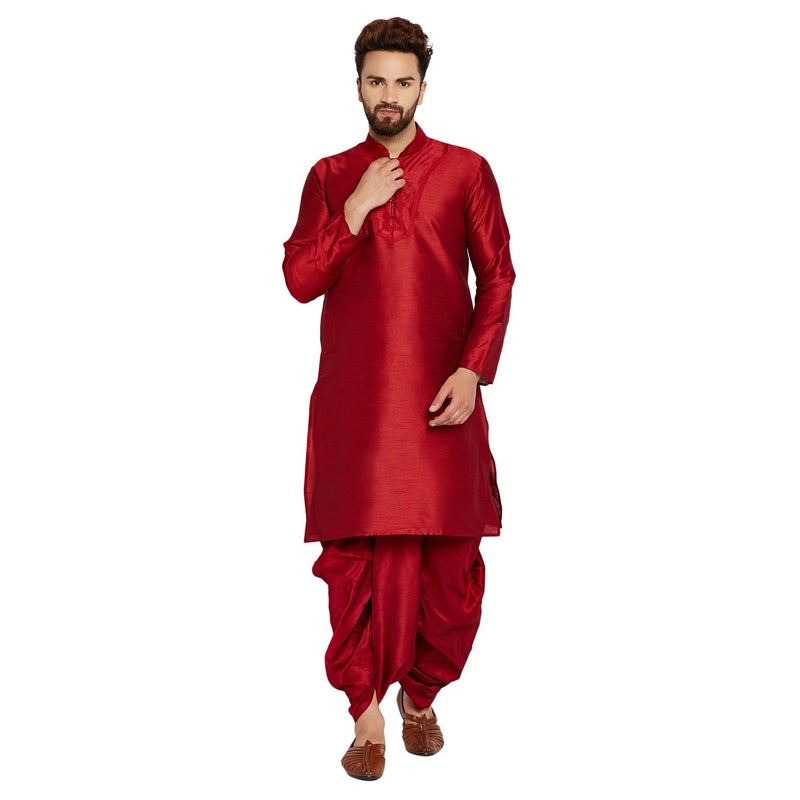 Royal Kurta Mens Silk Blend Embroidered Kurta Dhoti Set (42, Maroon) - Image 5