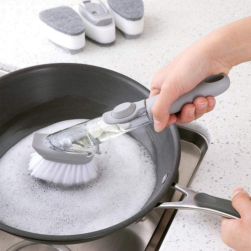 Lexazo Automatic Liquid Tank Kitchen Utensils Sink Cleaning Brush Scrubber Dish Bowl Washing Brush with Refill Liquid Soap Dispenser Handle Sponge with Wok Brush Kitchen Pot Cleaner Tool - Image 1