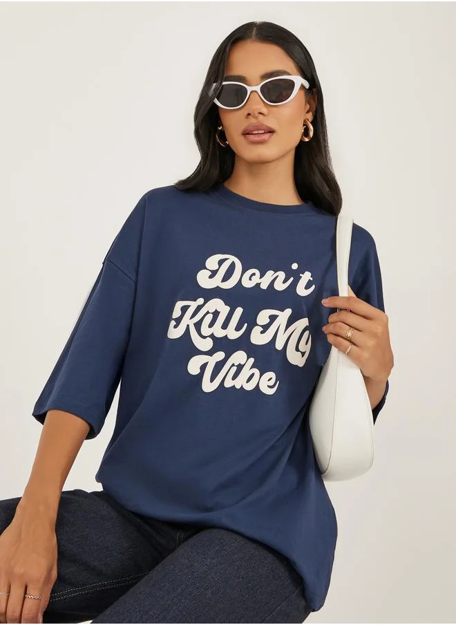 ستايلي Styli Slogan Print Dropped Shoulder Oversized T-Shirt