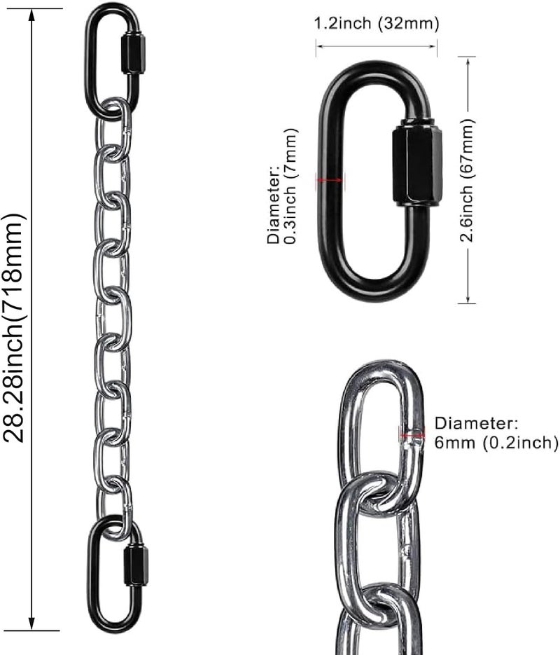 BeneLabel 2pcs Swing Chair Hanging Chain, 60cm Heavy Duty Adjustable Metal Hammock Chain with Carabiners Punching Bag Boxing Sandbag Suspension Kit, 6mm Diameter, up to 1000lbs / Silver - Image 2