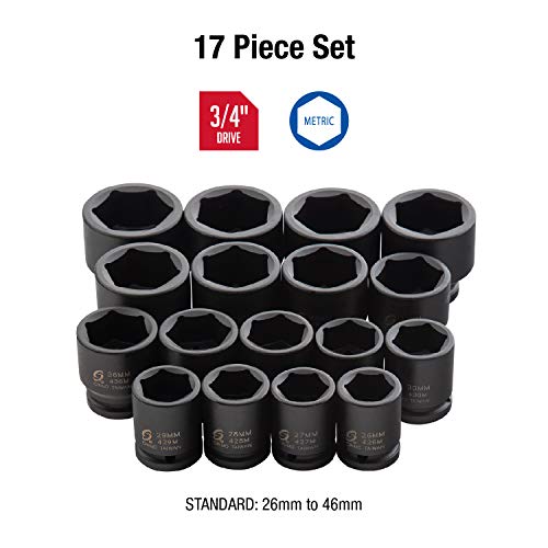 SUNEX TOOLS 4684, 3/4 Inch Drive Heavy Duty Impact Socket Set, 17-Piece, Metric, 26mm-46mm, Cr-Mo Alloy Steel, Radius Corner Design, Dual Size Markings, Heavy Duty Storage Case - Image 2
