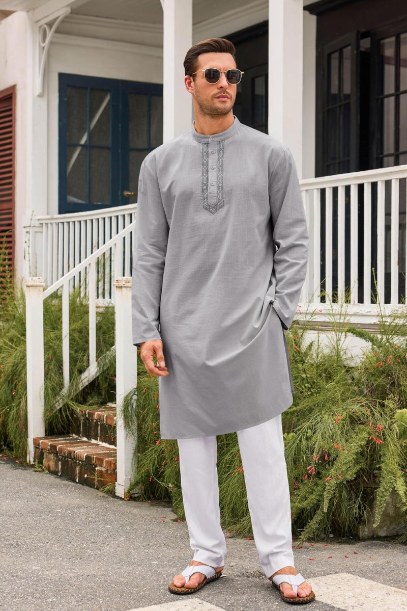 Runcati Mens Kaftan Thobe Button Down Casual Henley Shirts Long Sleeve Robe Cotton Linen Muslim Gown Shirt Grey - Image 4