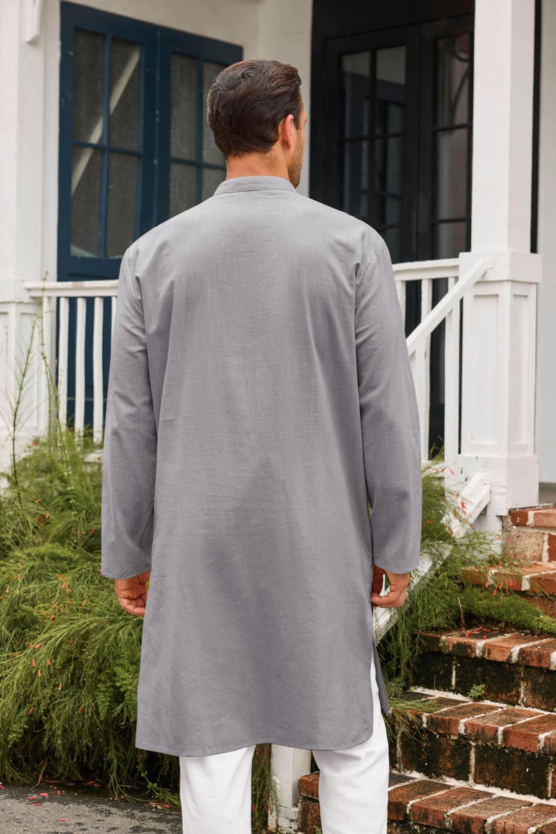 Runcati Mens Kaftan Thobe Button Down Casual Henley Shirts Long Sleeve Robe Cotton Linen Muslim Gown Shirt Grey - Image 3