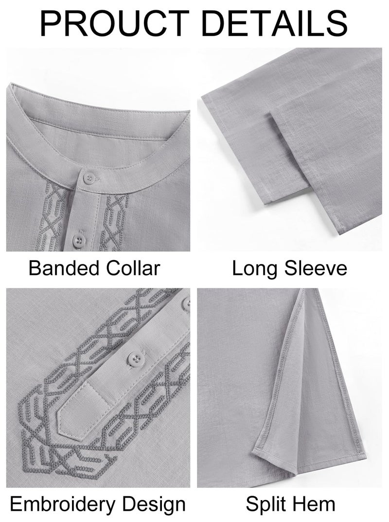 Runcati Mens Kaftan Thobe Button Down Casual Henley Shirts Long Sleeve Robe Cotton Linen Muslim Gown Shirt Grey - Image 5