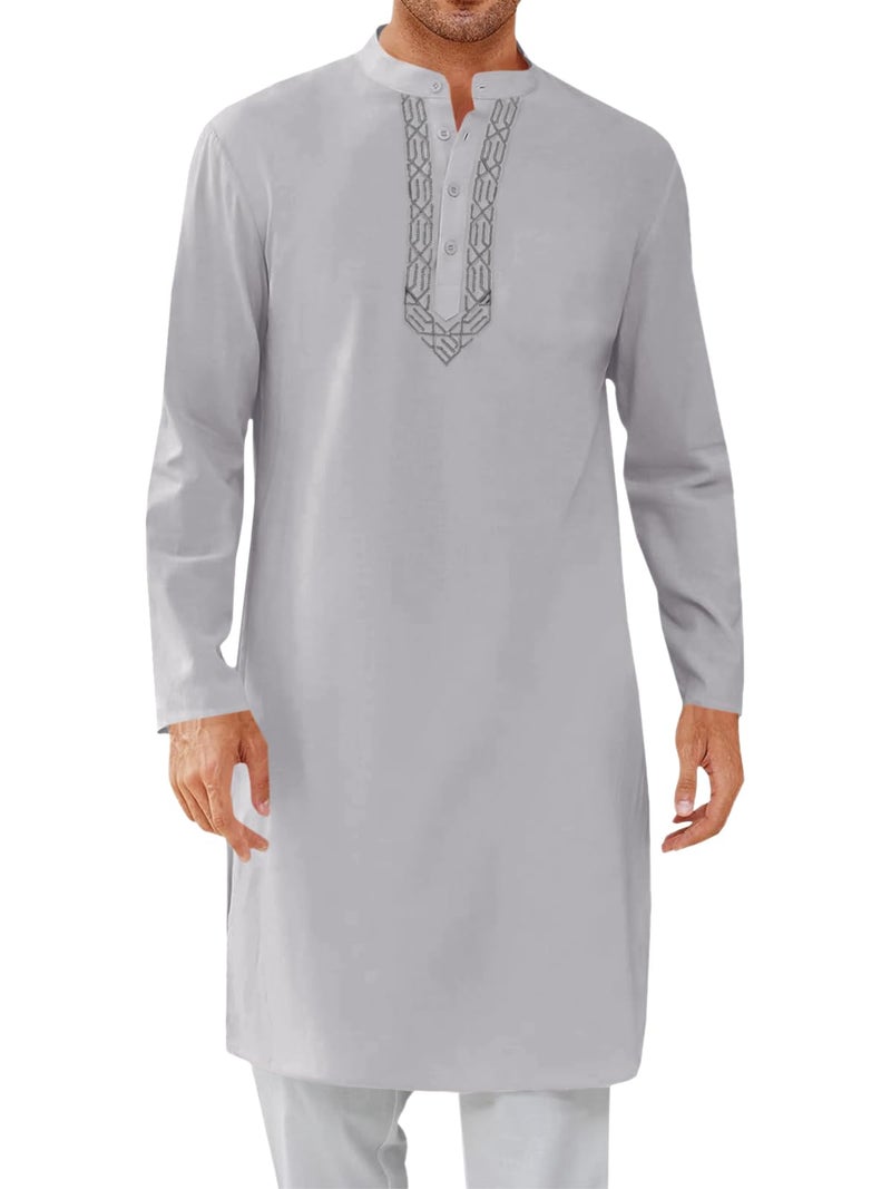 Runcati Mens Kaftan Thobe Button Down Casual Henley Shirts Long Sleeve Robe Cotton Linen Muslim Gown Shirt Grey - Image 1